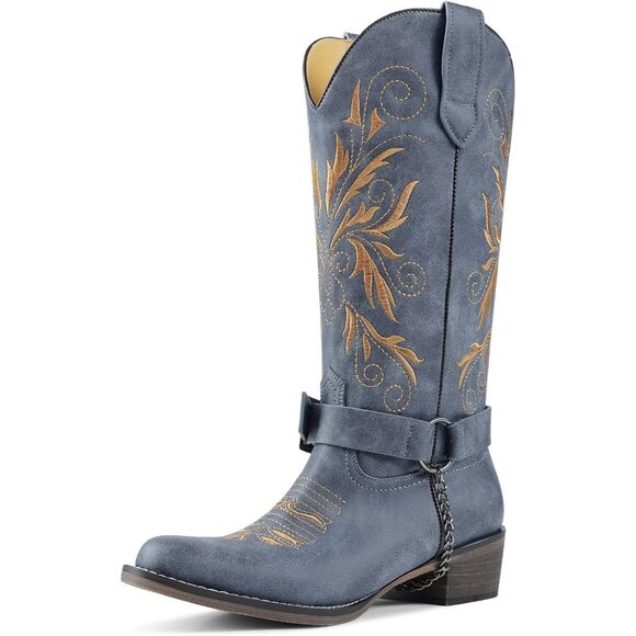 Shoes - Women's Embroidered Blue Removable Belt Low Block Heel Round Western Boots